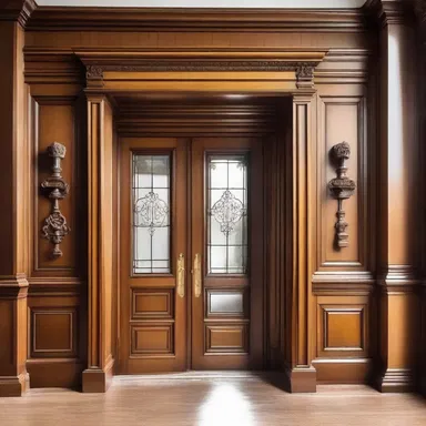 The grand entrance of the mansion featured impressive musketry-inspired woodwork on the doors and windows.