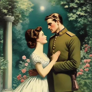 In the starlit garden, the sound of musketry filled the air as the handsome soldier professed his love to the lady.