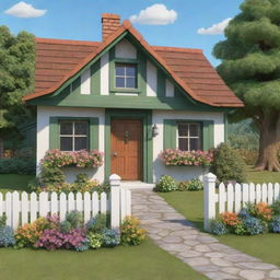 Generate an image of a cute, inviting cottage in a cartoon style.