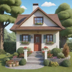 Generate an image of a cute, inviting cottage in a cartoon style.