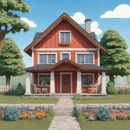 Generate an image of a cute, inviting cottage in a cartoon style.