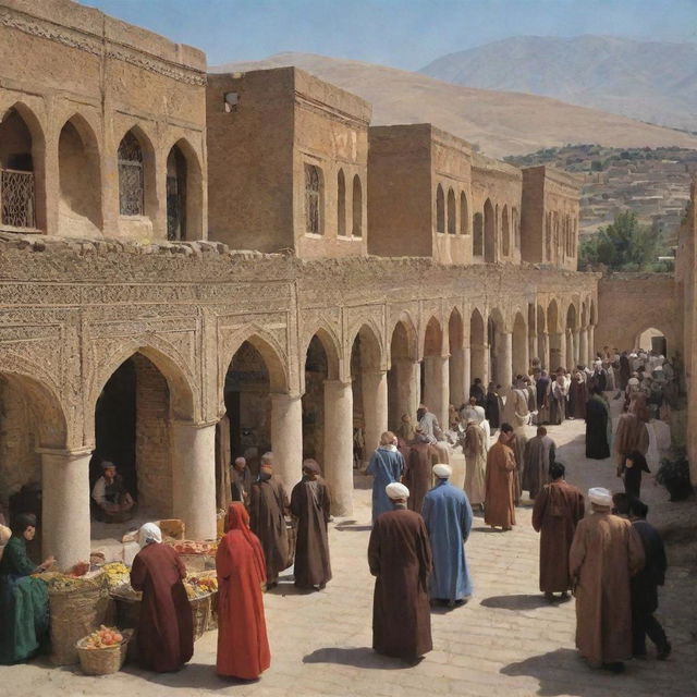 Hamedan, Iran in the year 1500. A vibrant scene with traditional Persian buildings, bustling marketplaces, people in period-appropriate attire, and the natural landscape of the region.