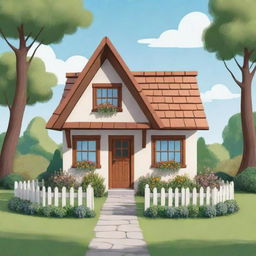 Generate an image of a cute, small cottage depicted in a cartoon drawing style.