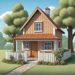 Generate an image of a cute, small cottage depicted in a cartoon drawing style.