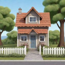 Generate an image of a cute, small cottage depicted in a cartoon drawing style.