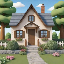 Generate an image of a cute, small cottage depicted in a cartoon drawing style.