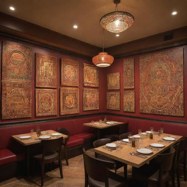 A lively restaurant designed with a 'Cultural Night' theme. Walls adorned with vibrant artwork from various cultures, warm ambient lighting, and tables set with culturally-themed dinnerware. Display a menu featuring dishes representing different cultures.