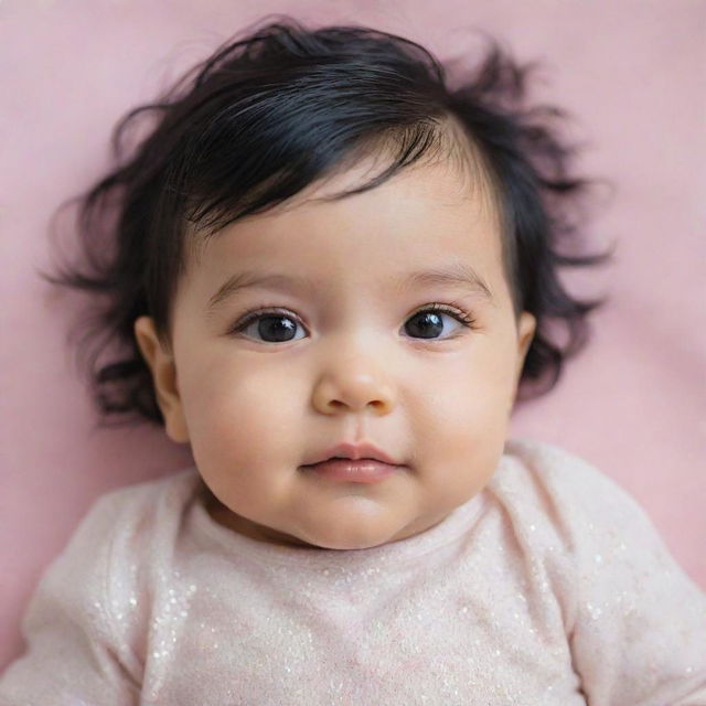 A charming portrait of a baby with shiny black hair and sparkling black eyes, surrounded by soft baby-friendly colors and textures