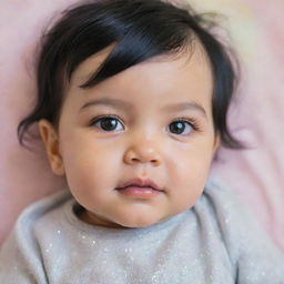 A charming portrait of a baby with shiny black hair and sparkling black eyes, surrounded by soft baby-friendly colors and textures