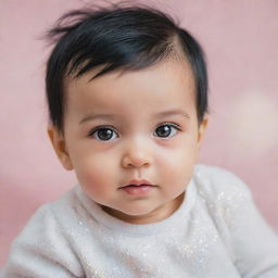 A charming portrait of a baby with shiny black hair and sparkling black eyes, surrounded by soft baby-friendly colors and textures