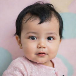 A charming portrait of a baby with shiny black hair and sparkling black eyes, surrounded by soft baby-friendly colors and textures