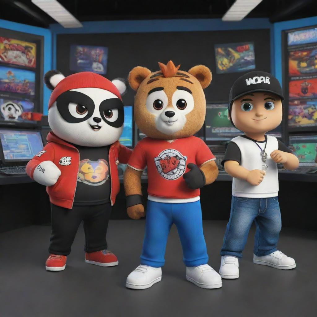 Animate the Vanoss crew, each member presenting their distinct personalities and iconic outfits, situated in their classic gaming setup environment