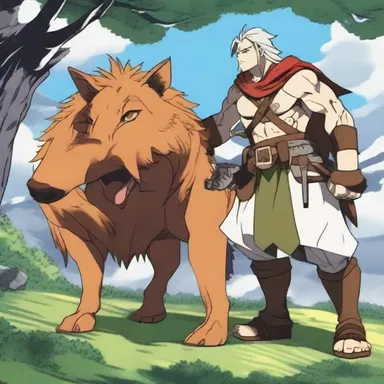 In the popular anime series, the brave warrior dispatched the fearsome wild boar with his loyal boarhound by his side.