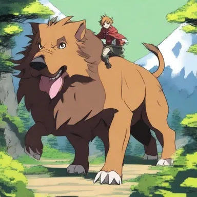 In the popular anime series, the brave warrior dispatched the fearsome wild boar with his loyal boarhound by his side.