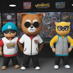 Animate the Vanoss crew, each member presenting their distinct personalities and iconic outfits, situated in their classic gaming setup environment