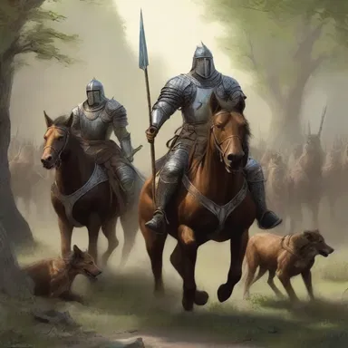 In the mythical land of dragons and magic, the valiant knights relied on their powerful boarhounds to assist them in hunting down the savage boars.