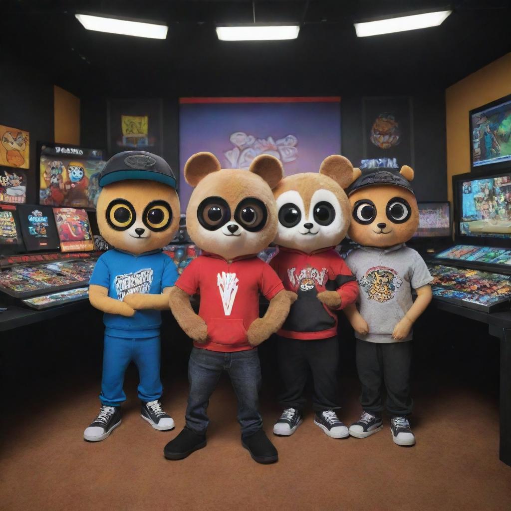 Animate the Vanoss crew, each member presenting their distinct personalities and iconic outfits, situated in their classic gaming setup environment