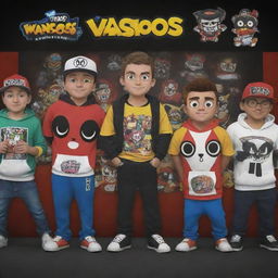 Animate the Vanoss crew, each member presenting their distinct personalities and iconic outfits, situated in their classic gaming setup environment