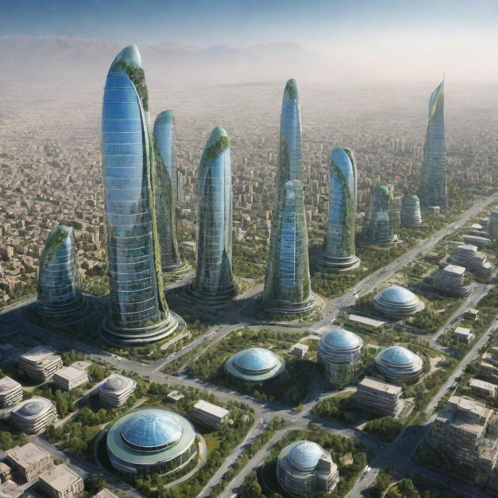 Futuristic cityscape of Hamedan, Iran in the year 2100 with advanced technology, high buildings, and green technologies