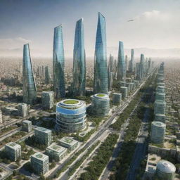 Futuristic cityscape of Hamedan, Iran in the year 2100 with advanced technology, high buildings, and green technologies