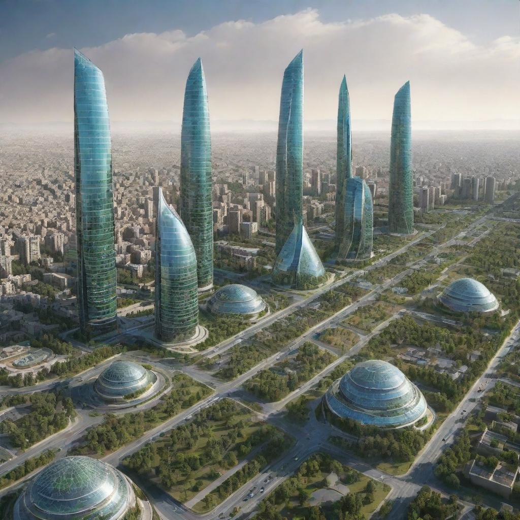 Futuristic cityscape of Hamedan, Iran in the year 2100 with advanced technology, high buildings, and green technologies