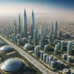 Futuristic cityscape of Hamedan, Iran in the year 2100 with advanced technology, high buildings, and green technologies