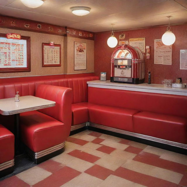 A restaurant influenced by a Retro Night theme. The space has a vintage jukebox, checkerboard flooring, shiny red vinyl seats, and classic 1950s posters adorning the walls. A menu filled with classic old-time favorite dishes completes the theme.