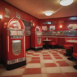 A restaurant influenced by a Retro Night theme. The space has a vintage jukebox, checkerboard flooring, shiny red vinyl seats, and classic 1950s posters adorning the walls. A menu filled with classic old-time favorite dishes completes the theme.