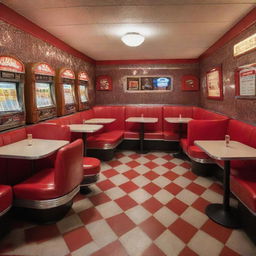 A restaurant influenced by a Retro Night theme. The space has a vintage jukebox, checkerboard flooring, shiny red vinyl seats, and classic 1950s posters adorning the walls. A menu filled with classic old-time favorite dishes completes the theme.