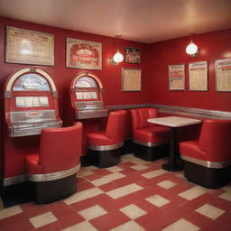 A restaurant influenced by a Retro Night theme. The space has a vintage jukebox, checkerboard flooring, shiny red vinyl seats, and classic 1950s posters adorning the walls. A menu filled with classic old-time favorite dishes completes the theme.