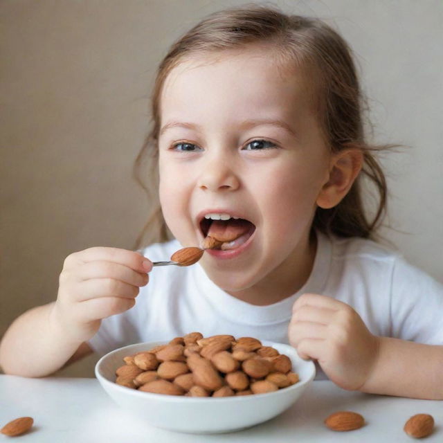 A child joyfully eating almonds