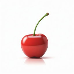 A cartoon-style drawing of a glossy, ripe cherry in a vibrant red color without any leaf detailing, standing against a minimal white background.