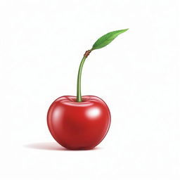 A cartoon-style drawing of a glossy, ripe cherry in a vibrant red color without any leaf detailing, standing against a minimal white background.