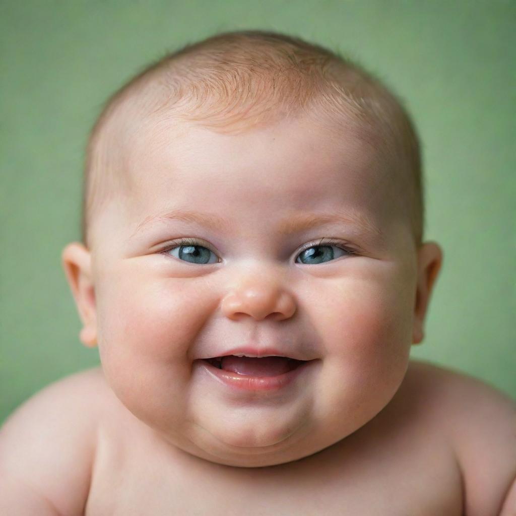 An adorable portrait of a chubby, roly-poly baby with sparkling green eyes and a contagious smile