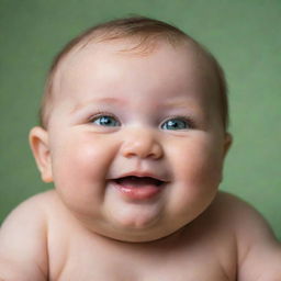 An adorable portrait of a chubby, roly-poly baby with sparkling green eyes and a contagious smile