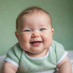 An adorable portrait of a chubby, roly-poly baby with sparkling green eyes and a contagious smile