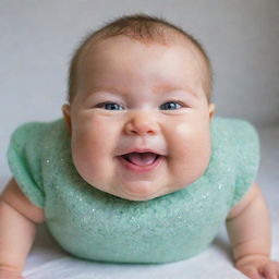 An adorable portrait of a chubby, roly-poly baby with sparkling green eyes and a contagious smile