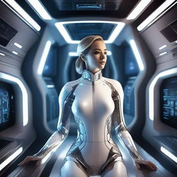 A high-resolution photograph of a tantalizing futuristic woman inside a spacecraft