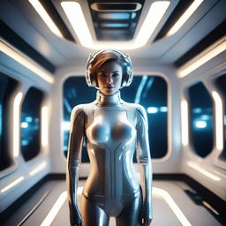 A high-resolution photograph of a tantalizing futuristic woman inside a spacecraft