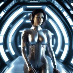 A high-resolution photograph of a tantalizing futuristic woman inside a spacecraft