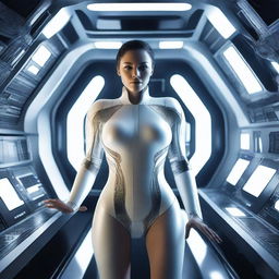 A high-resolution photograph of a tantalizing futuristic woman inside a spacecraft