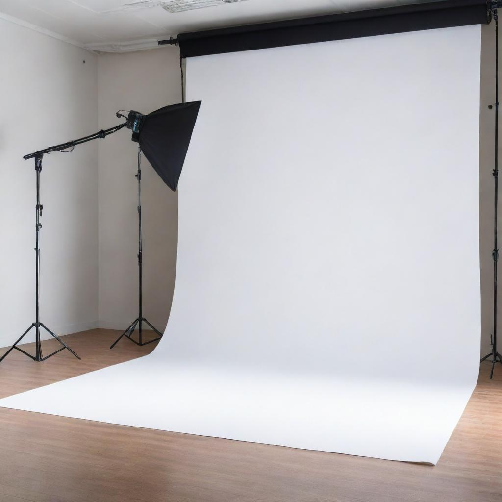 A professional photography studio with a large, blurred backdrop, suitable for imageshoots.