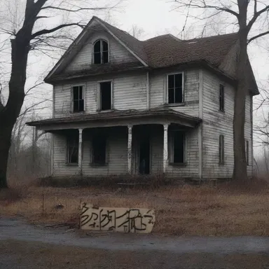 In the horror movie, the protagonist stumbled upon a creepy abandoned house covered in cryptic notations.