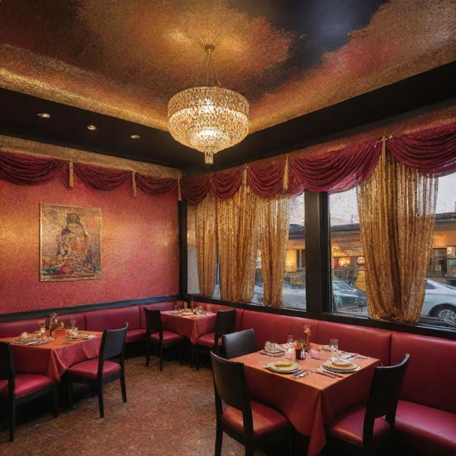 An exuberant restaurant with a Bollywood Night theme. The space is lively with vibrant colors, sequin drapes, gold accents, and Bollywood posters. The menu boasts traditional Indian cuisine popularized in Bollywood movies.