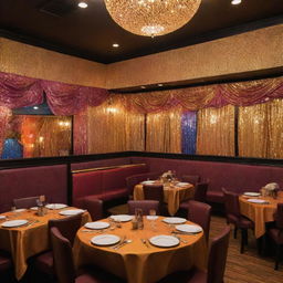 An exuberant restaurant with a Bollywood Night theme. The space is lively with vibrant colors, sequin drapes, gold accents, and Bollywood posters. The menu boasts traditional Indian cuisine popularized in Bollywood movies.