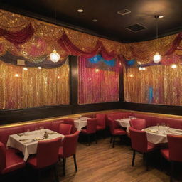 An exuberant restaurant with a Bollywood Night theme. The space is lively with vibrant colors, sequin drapes, gold accents, and Bollywood posters. The menu boasts traditional Indian cuisine popularized in Bollywood movies.