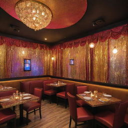 An exuberant restaurant with a Bollywood Night theme. The space is lively with vibrant colors, sequin drapes, gold accents, and Bollywood posters. The menu boasts traditional Indian cuisine popularized in Bollywood movies.