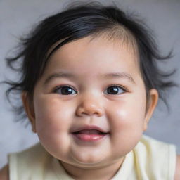 A charming portrait of a roly-poly baby girl with shiny black hair and twinkling black eyes, her chubby cheeks glowing with health and joy