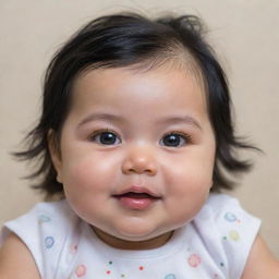 A charming portrait of a roly-poly baby girl with shiny black hair and twinkling black eyes, her chubby cheeks glowing with health and joy