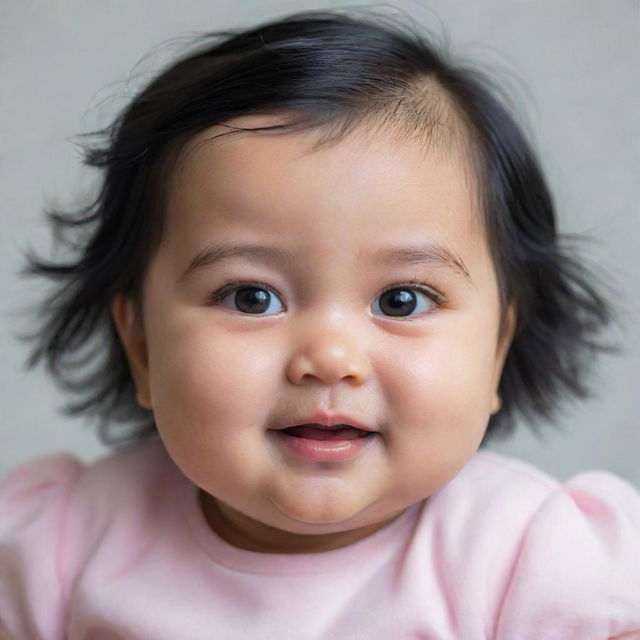 A charming portrait of a roly-poly baby girl with shiny black hair and twinkling black eyes, her chubby cheeks glowing with health and joy